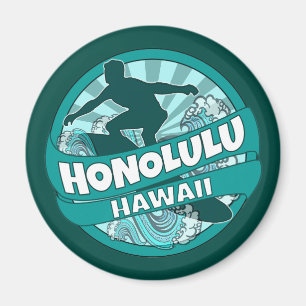 Honolulu Hawaii blauwgroen surfer logo magnet Magneet