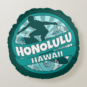 Honolulu Hawaii turquoise surfer logo tour coussin