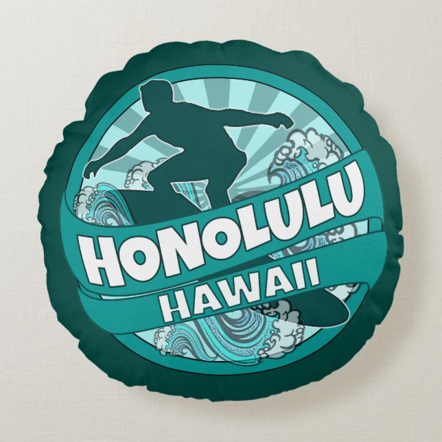 Honolulu Hawaii turquoise surfer logo tour coussin (Devant)