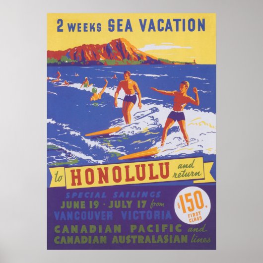 Honolulu Hawaii Vintage Travel Poster (Voorkant)