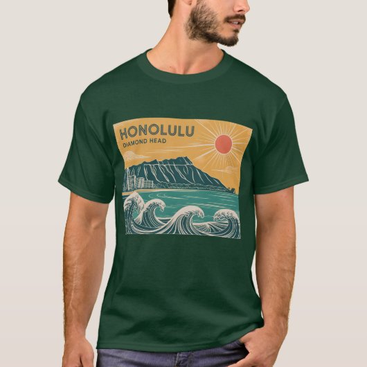 Honolulu Oahu Diamond Head Retro Mid-Century Style T-shirt (Voorkant)