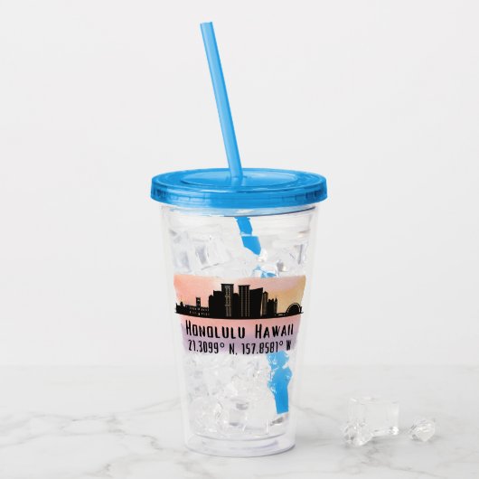 Honolulu Skyline Latitude en Lengtegraad Acryl Drinkbeker (Voorkant ijs)