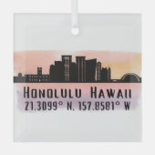 Honolulu Skyline Latitude en Lengtegraad Glas Ornament (Voorkant)