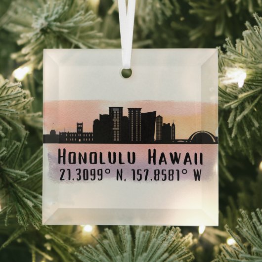 Honolulu Skyline Latitude en Lengtegraad Glas Ornament (Insitu)