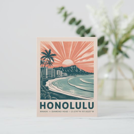 Honolulu Waikiki Diamond Head Schilderachtig Retro Briefkaart (Staand voorkant)