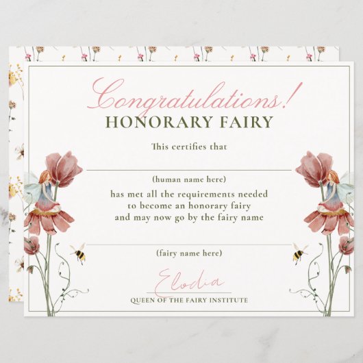 Honorary Fairy Eerste  Bloemen Certificaat (Voorkant / Achterkant)