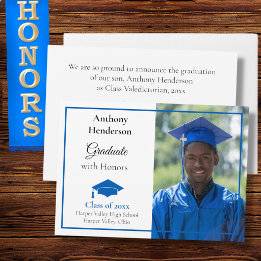 Honors Graduation Announcement Blue Cap and Photo Aankondiging