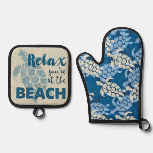 Honu Zee Schildpad Hawaiian Tapa in Blues Ovenwant & Pannenlap Set