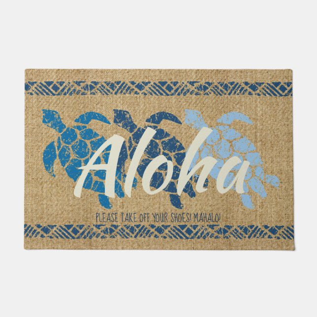 Honu Zee Triple Turtle Hawaiian Tapa Blue Deurmat (Voorkant)