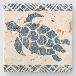 Honu Zee Turtle Hawaiian Tapa - Indigo Stenen Onderzetter