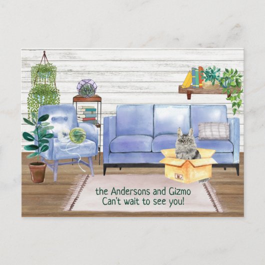 Hoofd muntstuk Kat Cozy Nieuw adres Aankondigingskaart (Voorkant)