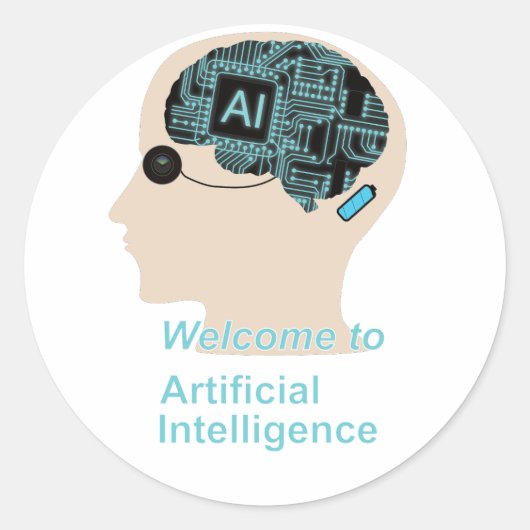 Hoofd van een mens met hersenen en elektronisch oo ronde sticker (Voorkant)