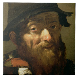 Hoofd van een oud Man, detail van portret van een  Tegeltje