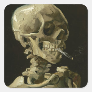 Hoofd van een skelet met een brandende sigaret vierkante sticker