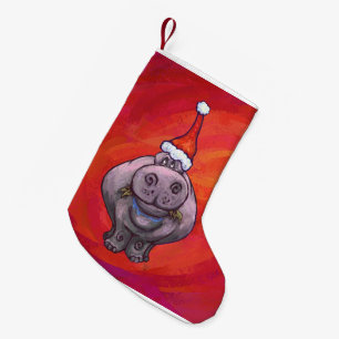 Hoofden en spijkers Festive Hippo op rood Kleine Kerstsok