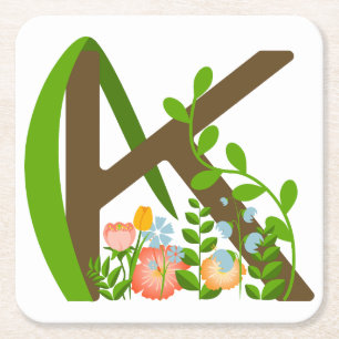 Hoofdletter K bloemenmonogram Vierkante Kartonnen Onderzetter