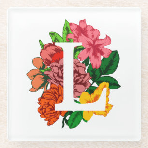Hoofdletter L bloemenmonogram Glazen Onderzetter
