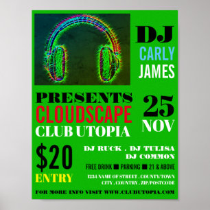 Hoofdtelefoon, DJ, Club Event Adverteren Poster