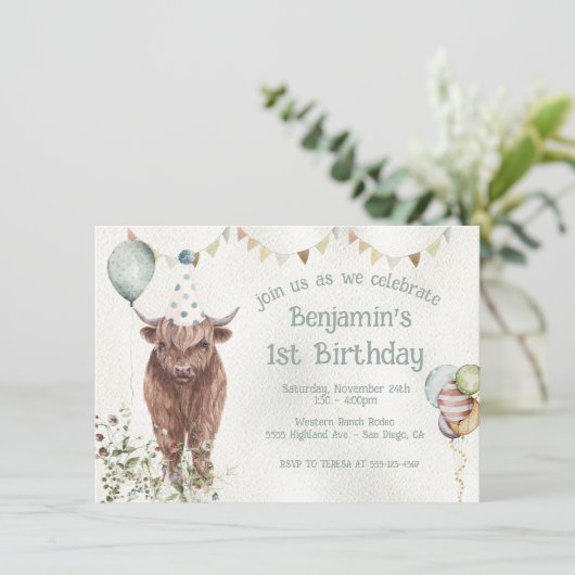 Hoogland Koe 1e verjaardag Kaart (Staand voorkant)