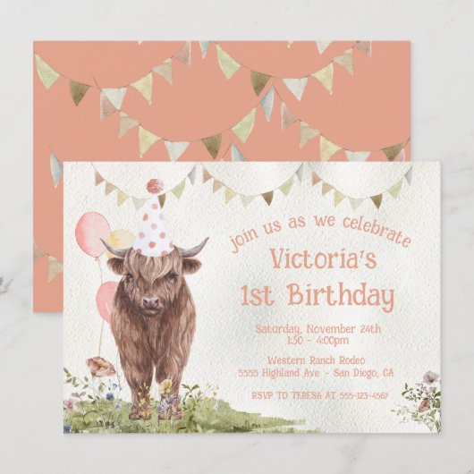 Hoogland Koe 1e verjaardag van de uitnodiging (Voorkant / Achterkant)