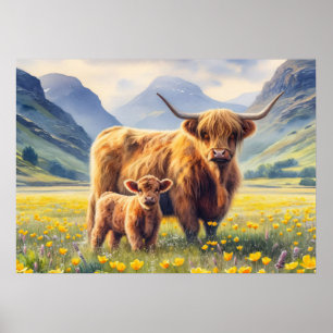 Hoogland Koe en kalf Buttercups Poster