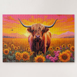Hoogland Koe in het veld van zonnebloemen bij zons Legpuzzel