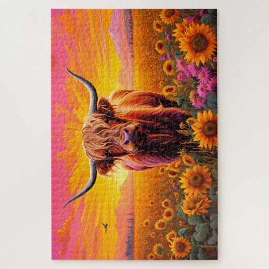 Hoogland Koe in het veld van zonnebloemen bij zons Legpuzzel (Verticaal)