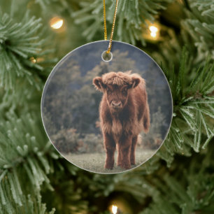 Hoogland koe kalf herfstgrasveld keramisch ornament