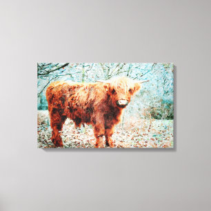 Hoogland Koe met Waterverf van paarden Kunstschild Canvas Afdruk