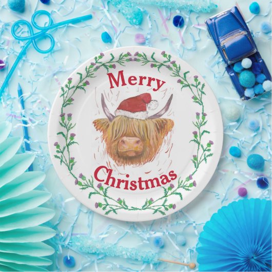 Hoogland Koe Pet Thistle Wreath Merry Kerstmis    Papieren Bordje (Feest)