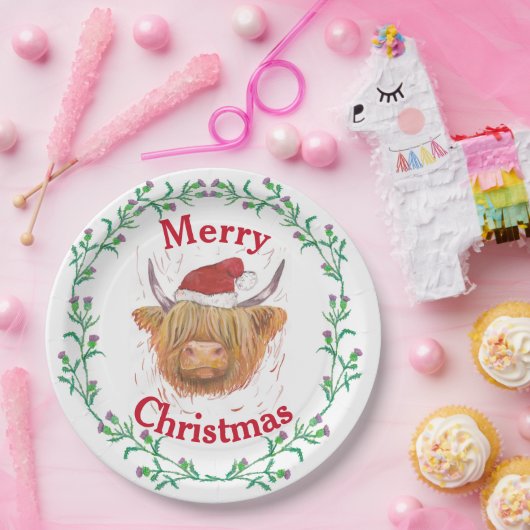 Hoogland Koe Pet Thistle Wreath Merry Kerstmis    Papieren Bordje (Feest)