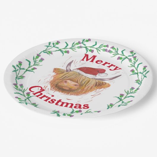 Hoogland Koe Pet Thistle Wreath Merry Kerstmis    Papieren Bordje (Gekanteld)