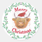 Hoogland Koe Pet Thistle Wreath Merry Kerstmis Ronde Sticker (Voorkant)