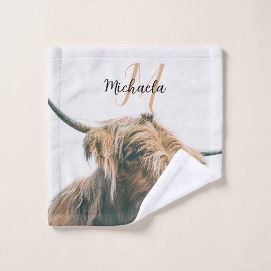 Hoogland koe portret eigen naam initiaal monogram bad handdoek (Wasdoekje)
