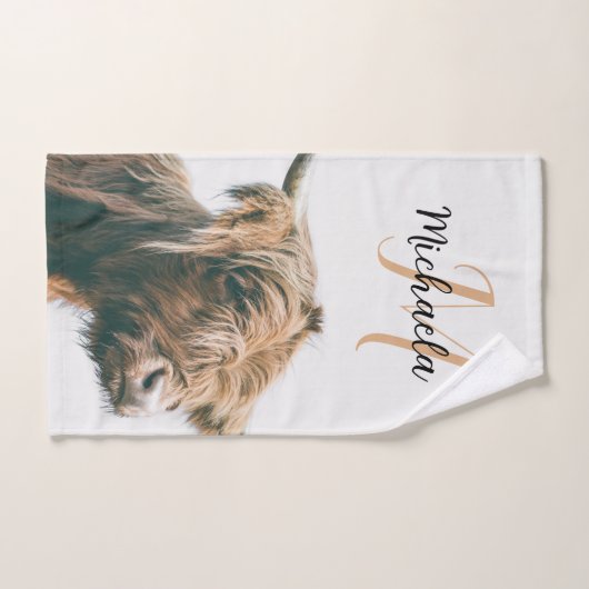 Hoogland koe portret eigen naam initiaal monogram bad handdoek (Handdoek)