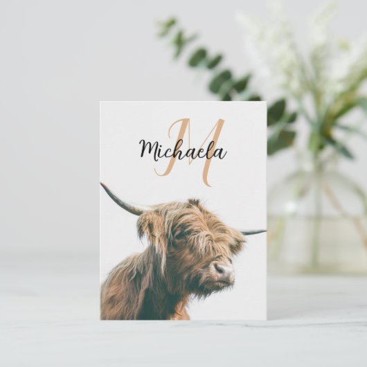 Hoogland koe portret eigen naam initiaal monogram briefkaart (Staand voorkant)