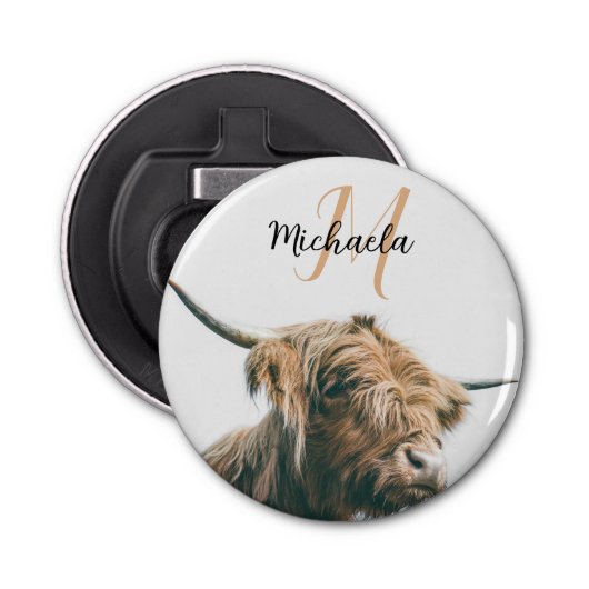 Hoogland koe portret eigen naam initiaal monogram button flesopener (Voorkant)