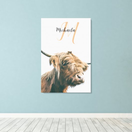 Hoogland koe portret eigen naam initiaal monogram canvas afdruk (Insitu (Houten vloer))