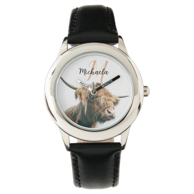 Hoogland koe portret eigen naam initiaal monogram horloge (Voorkant)