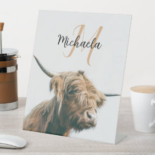 Hoogland koe portret eigen naam initiaal monogram reclamebord met voetstuk