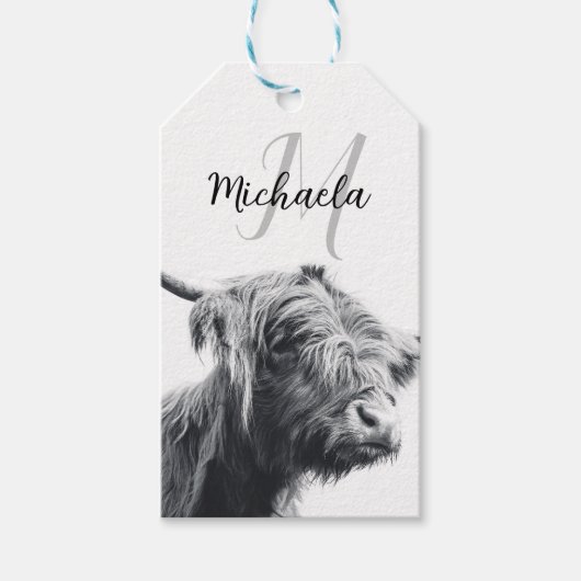 Hoogland koe portret initiaal monogram zwart wit cadeaulabel (Voorkant)
