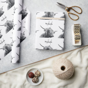 Hoogland koe portret initiaal monogram zwart wit cadeaupapier