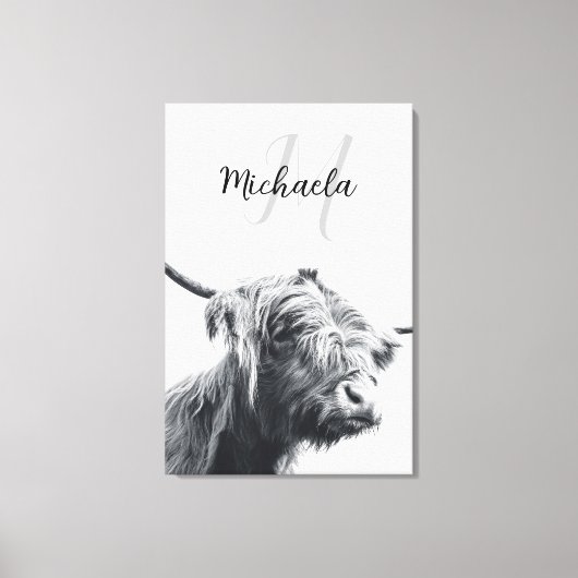 Hoogland koe portret initiaal monogram zwart wit canvas afdruk (Voorkant)
