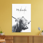 Hoogland koe portret initiaal monogram zwart wit canvas afdruk (Insitu (Woonkamer))