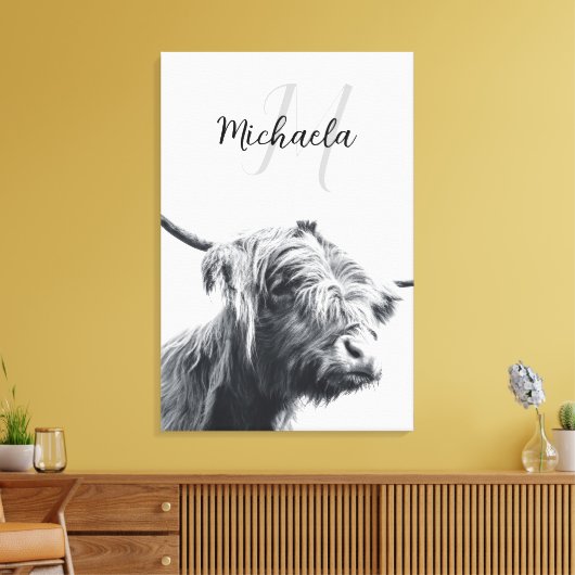 Hoogland koe portret initiaal monogram zwart wit canvas afdruk (Insitu (Woonkamer))