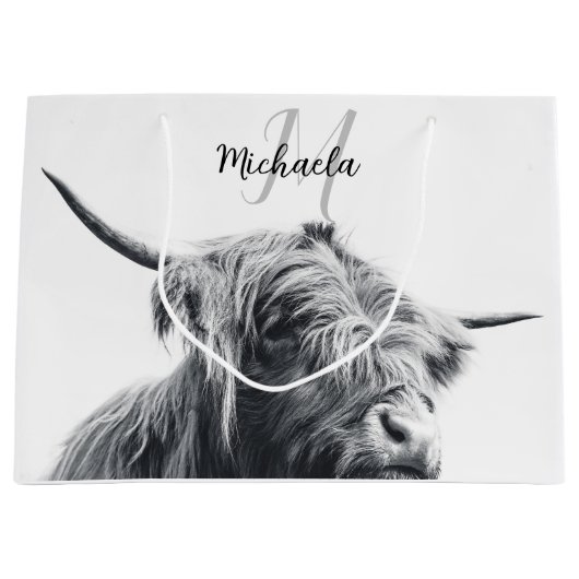 Hoogland koe portret initiaal monogram zwart wit groot cadeauzakje (Voorkant)
