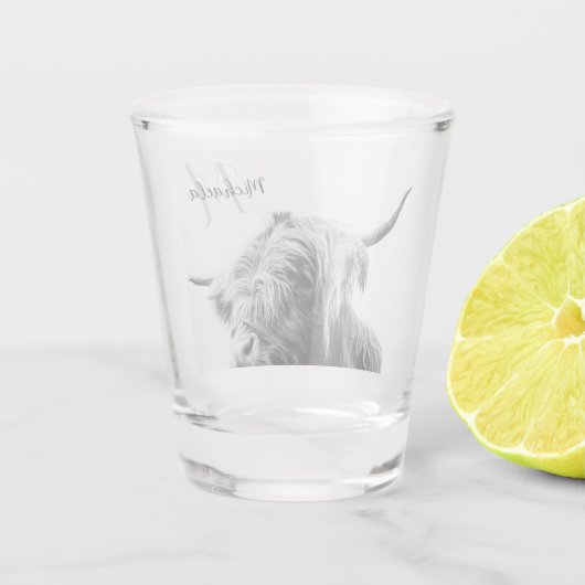 Hoogland koe portret initiaal monogram zwart wit shot glas (Achterkant)