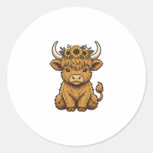 Hoogland Koe T-shirt Mooie Zonnebloem Kalf Kunst Ronde Sticker