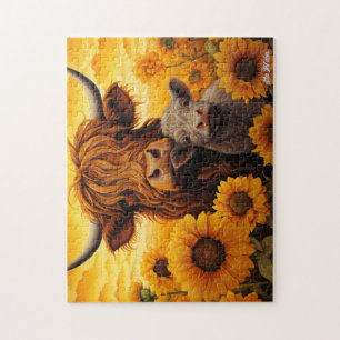 Hoogland koe Zonnebloem met Kalf Puzzel