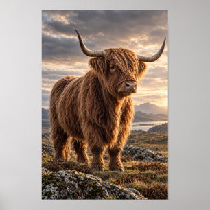 Hooglandkoe in gouden berglandschap dier W Poster